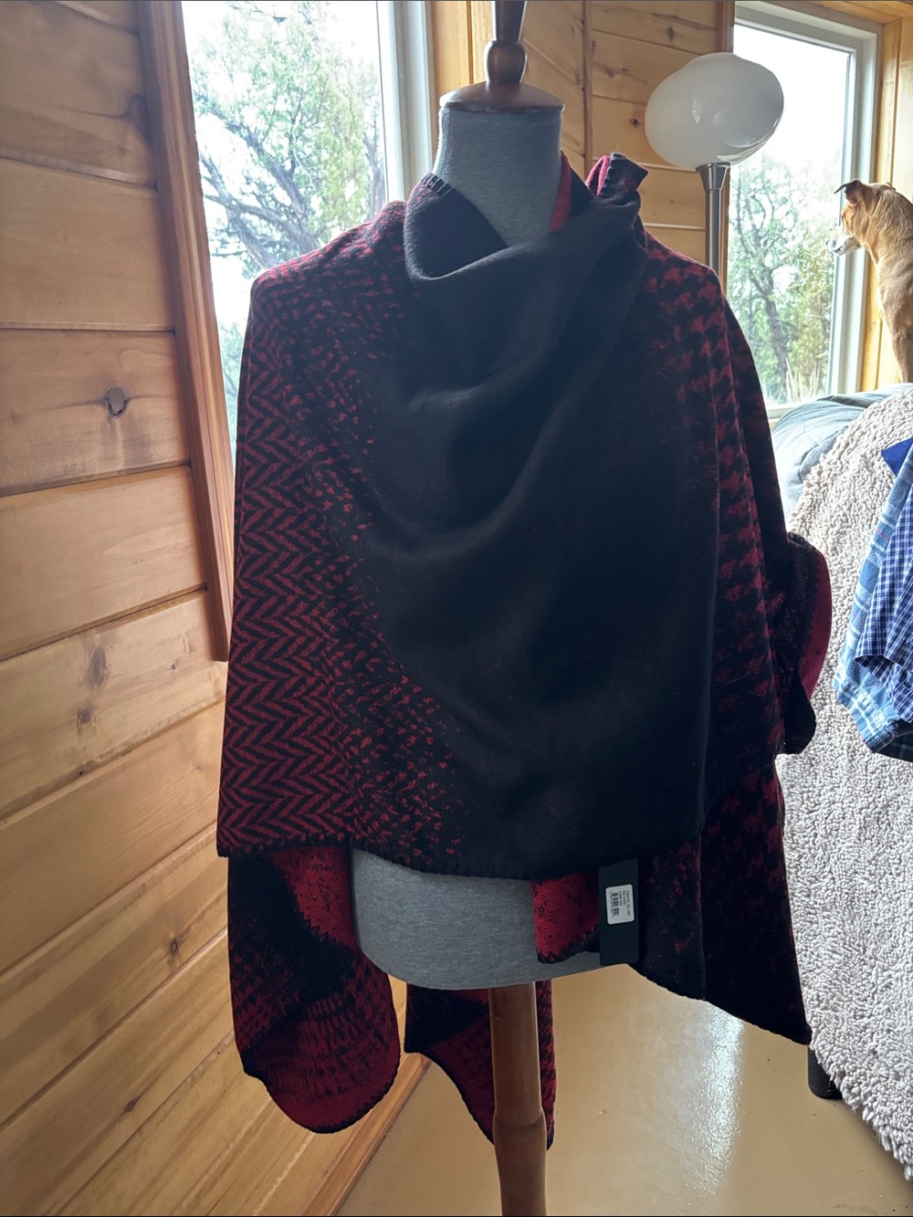 Plush Red and Black Knit Wrap Shawl - Unbranded